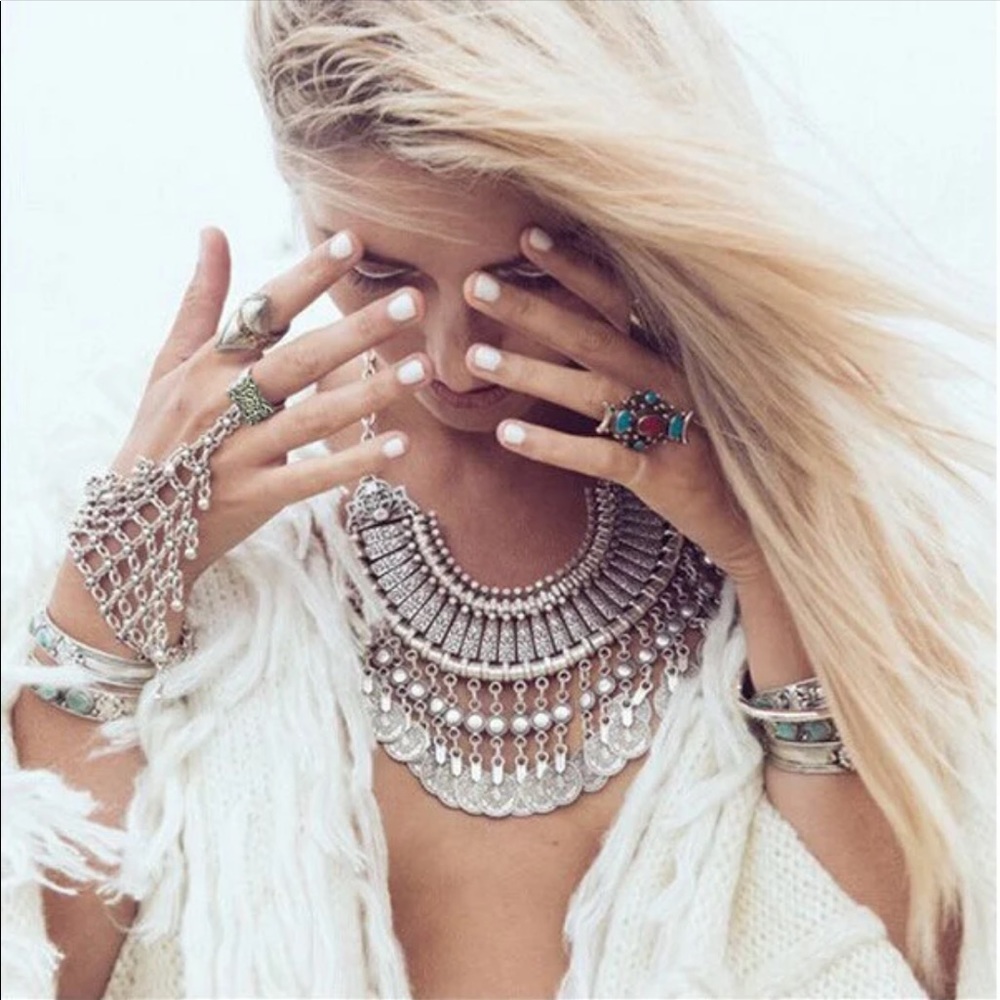 Bohemian Silver Slave Bracelet Chain Ring
